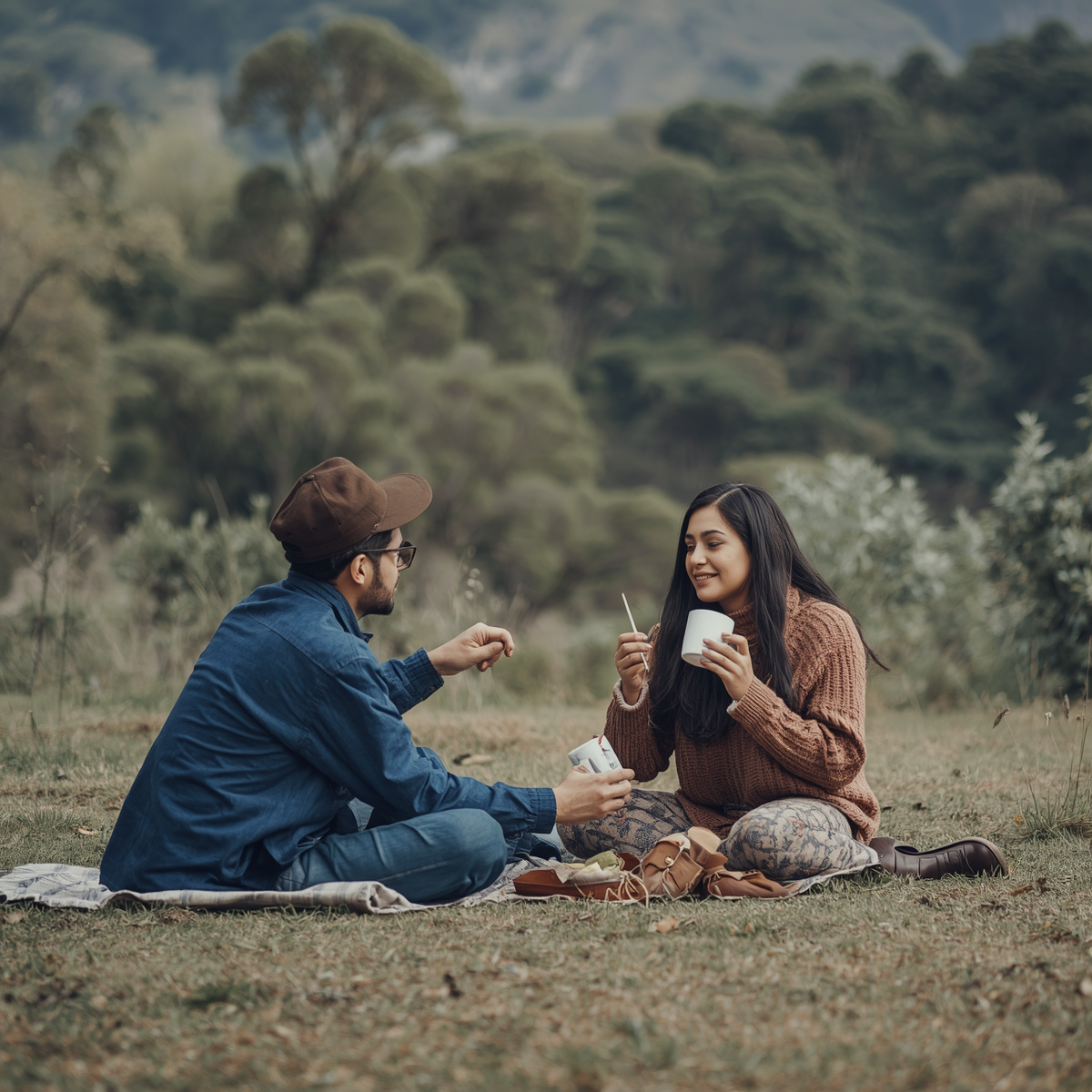Couple sharing a meal outdoors